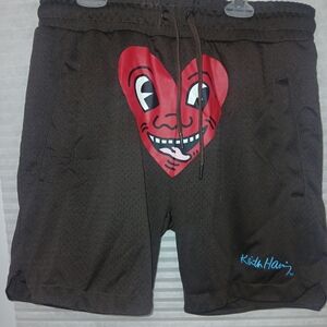 Keith Haring Men's Athletic Shorts - Black with Red Heart Design